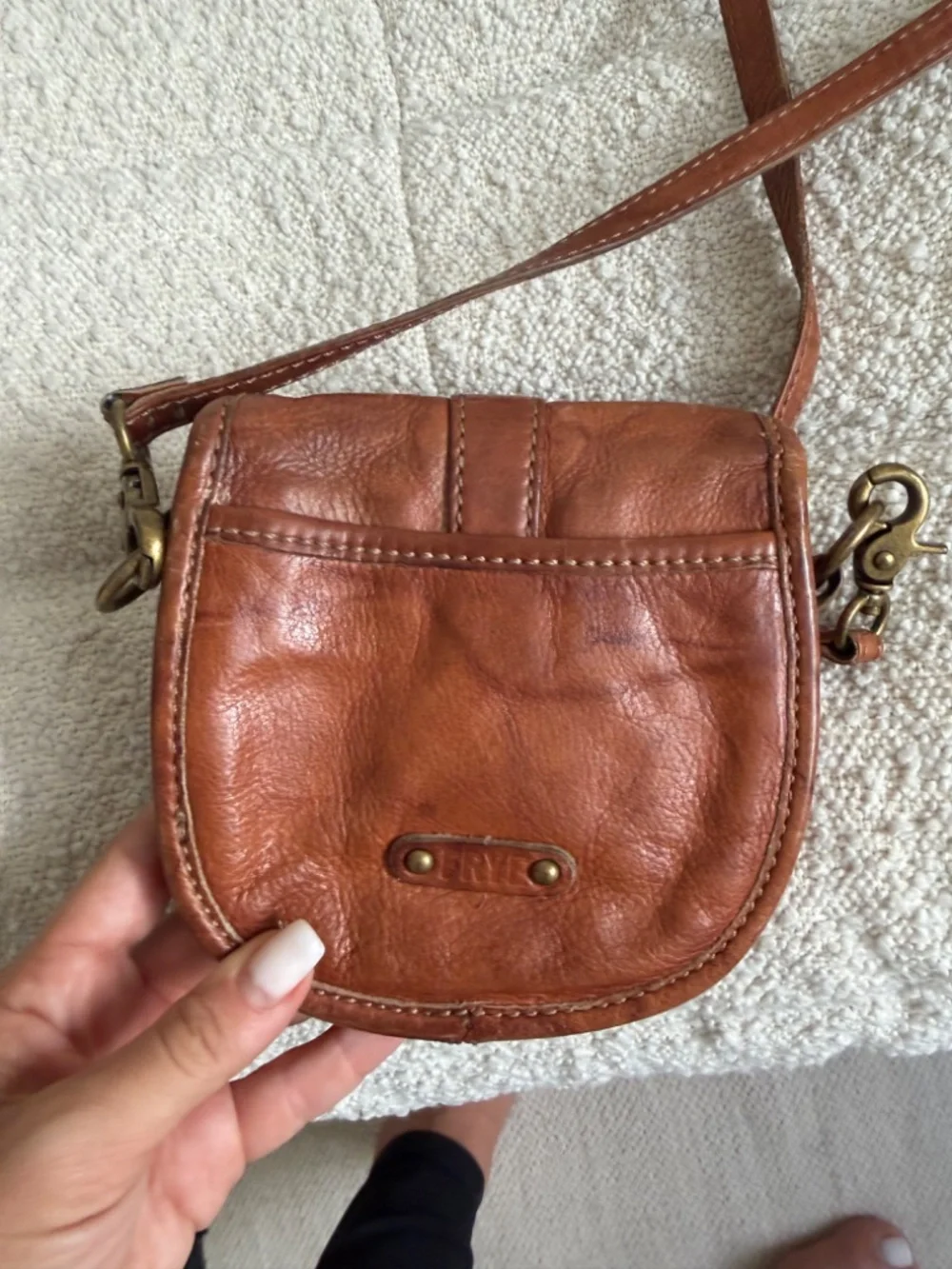 Vintage FRYE Cognac Distressed Leather Crossbody Saddle Bag